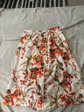 Joie White Midi Skirt with Orange Floral Print 100% Linen Size XL